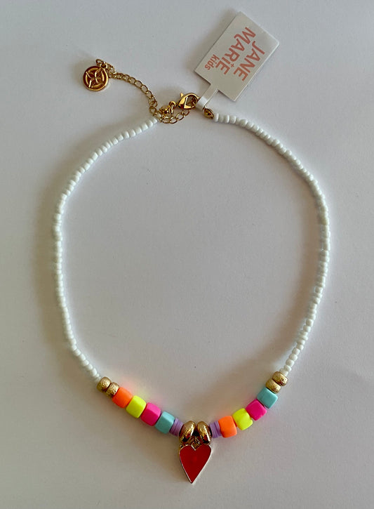 Kids White Beaded Multi Color Rubber Block Hot Pink Enamel Heart Necklace