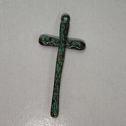 Long Hammered Cross Pendant Patina