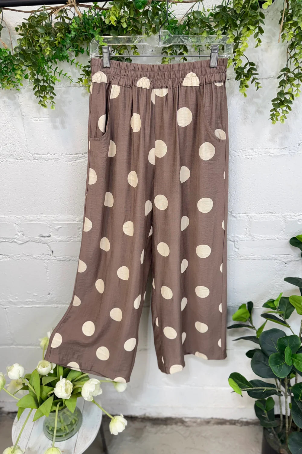 Dot Print Wide Leg Pants in Mocha