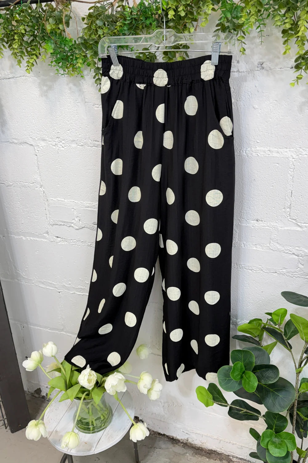 Dot Print Wide Leg Pants in Black