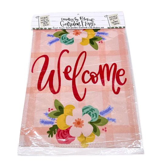 Welcome Pink Plaid Garden Flag