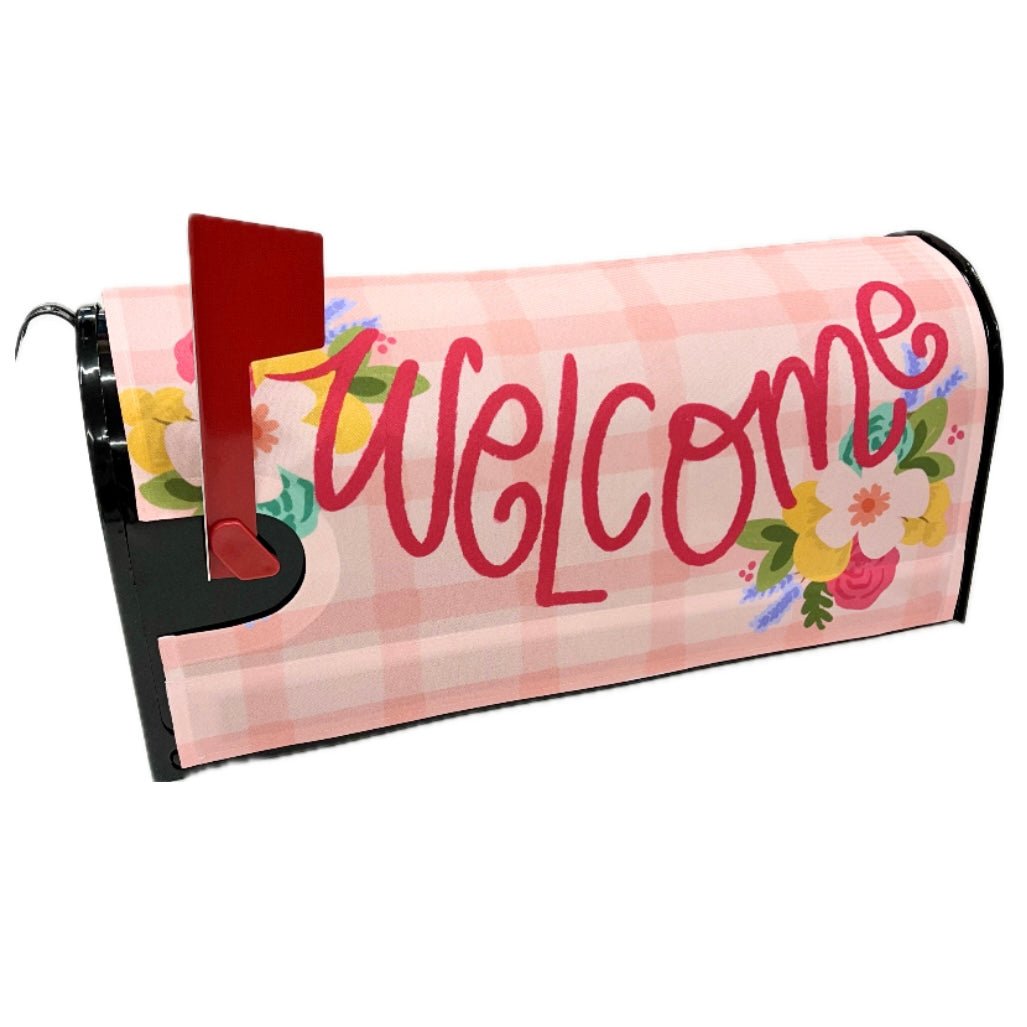 Welcome Pink Plaid Mailbox Cover