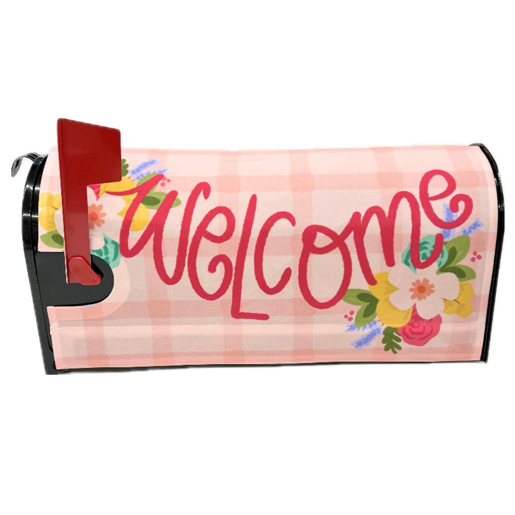 Welcome Pink Plaid Mailbox Cover