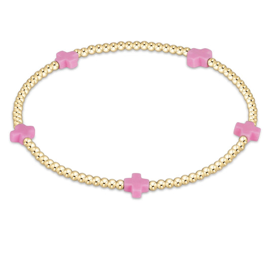 EGIRL SIGNATURE CROSS SMALL  GOLD PATTERN 2MM BEAD  BRACELET - BRIGHT PINK