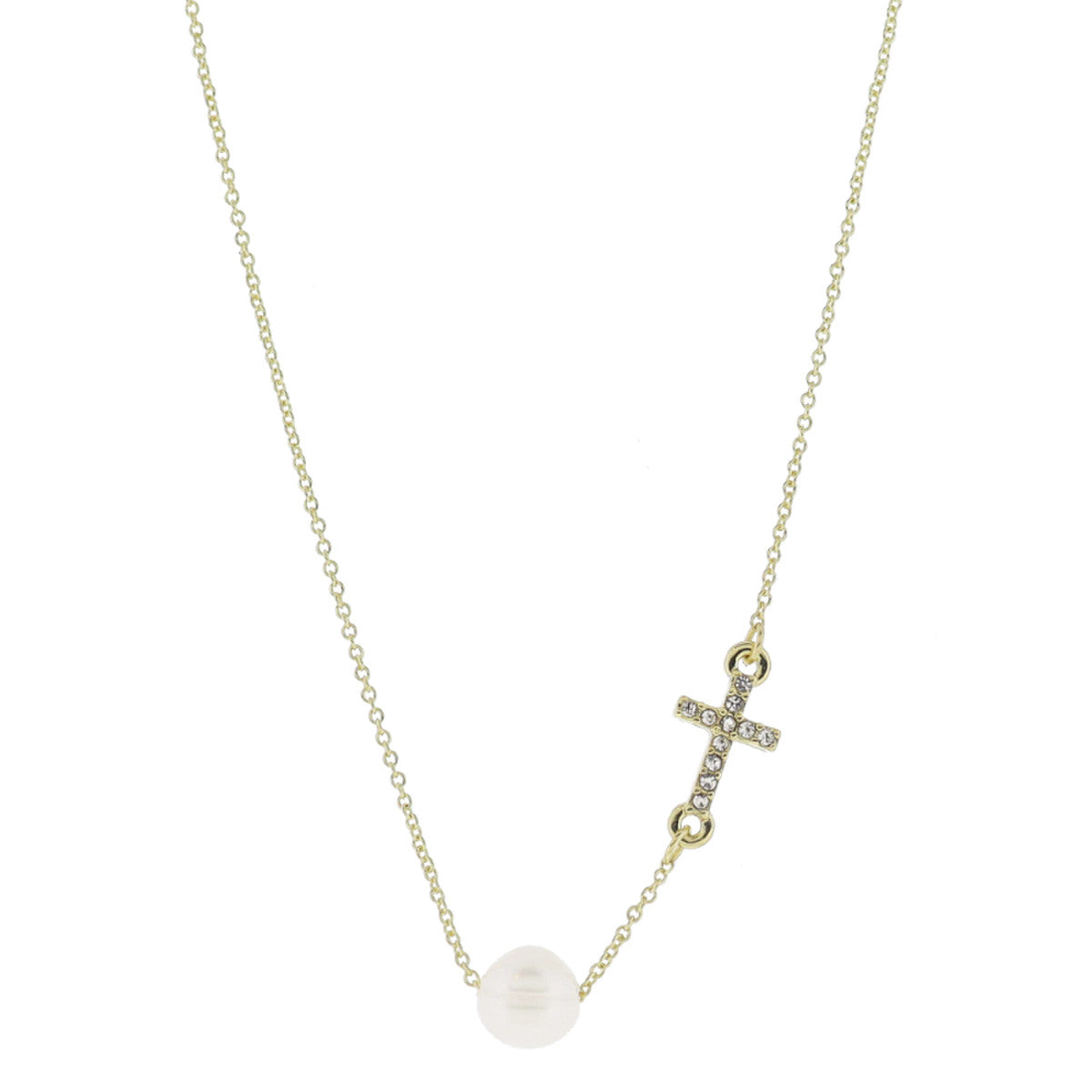 16" Pearl Bead & Pave Crystal Cross Necklace