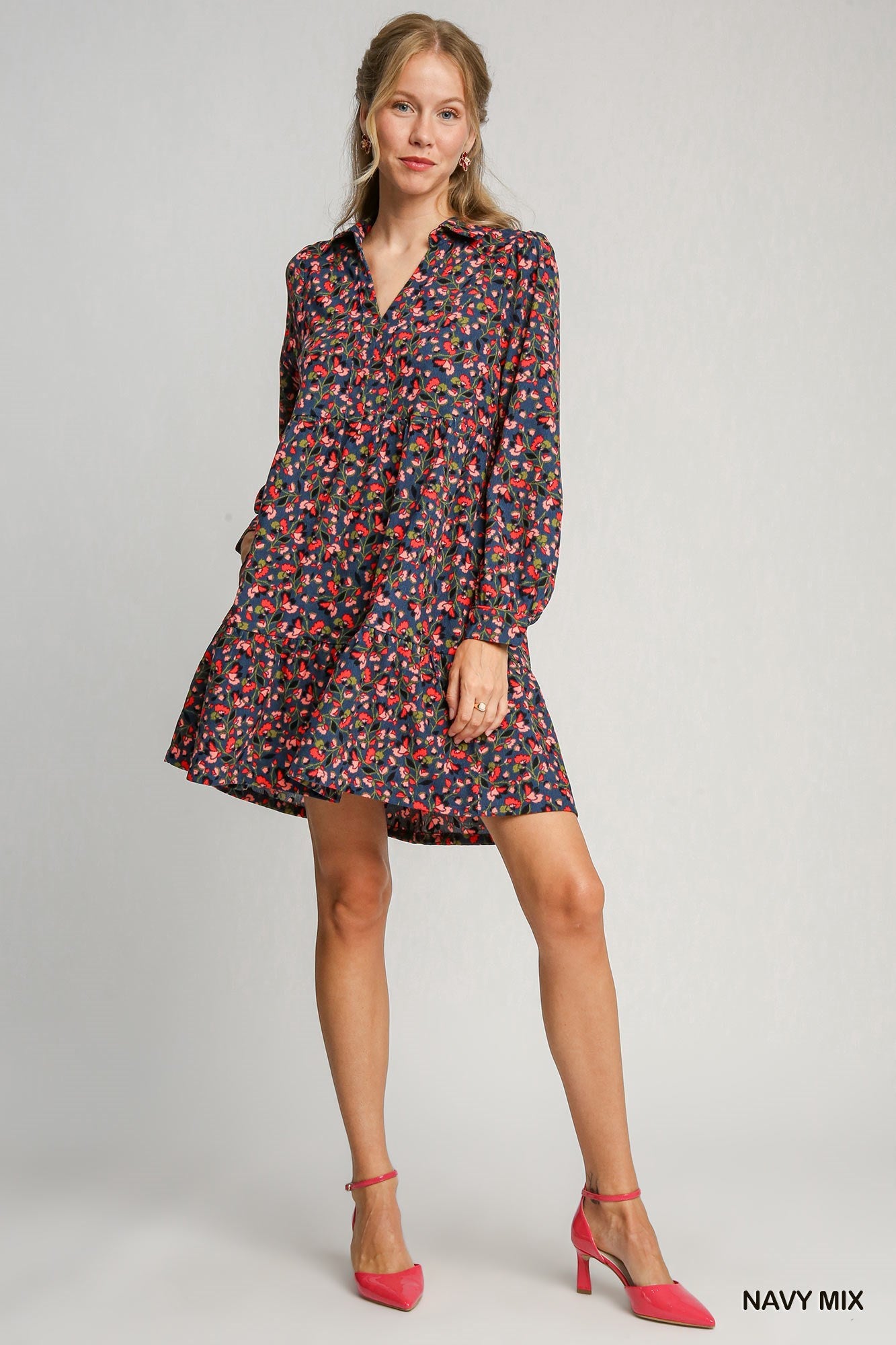 Floral Corduroy Collared Tiered Mini Dress