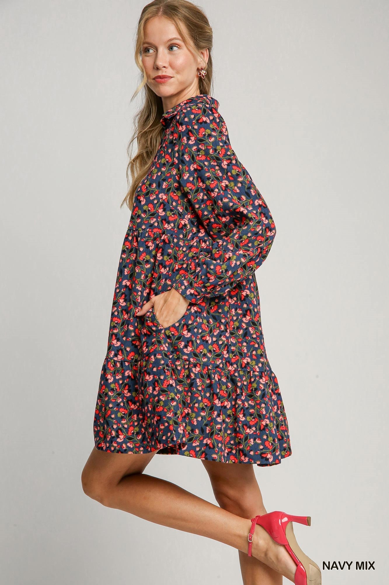 Floral Corduroy Collared Tiered Mini Dress