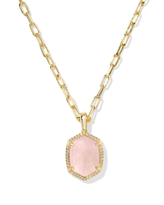 Daphne Pave Frame Short Pendant Necklace in Gold Rose Quartz