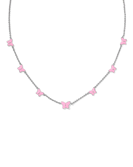 Lillia Butterfly Enamel Strand Necklace in Silver Pink