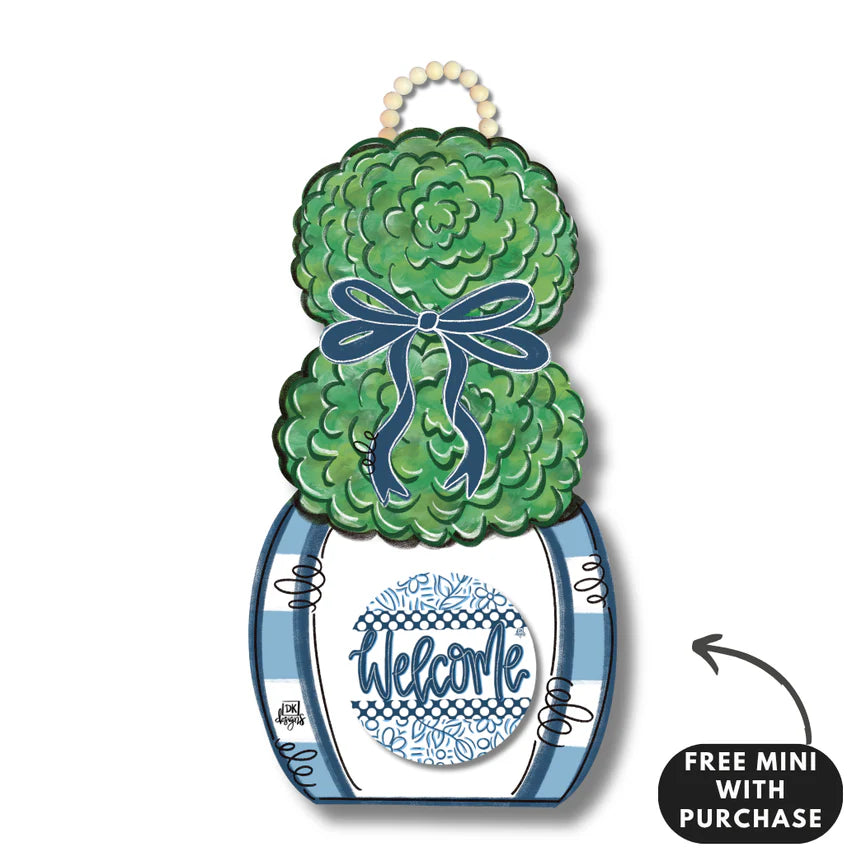 Blue and White Topiary Door Hanger w/ Welcome Mini