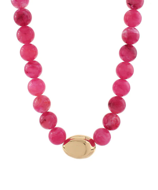 Marble Stone Ball & Accent Organic Necklace in Fuchsia