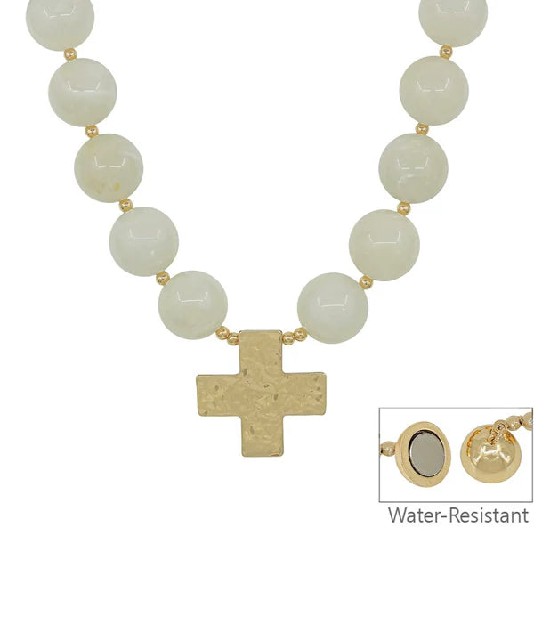 Cross Pendant Marble & CCB Ball Necklace White