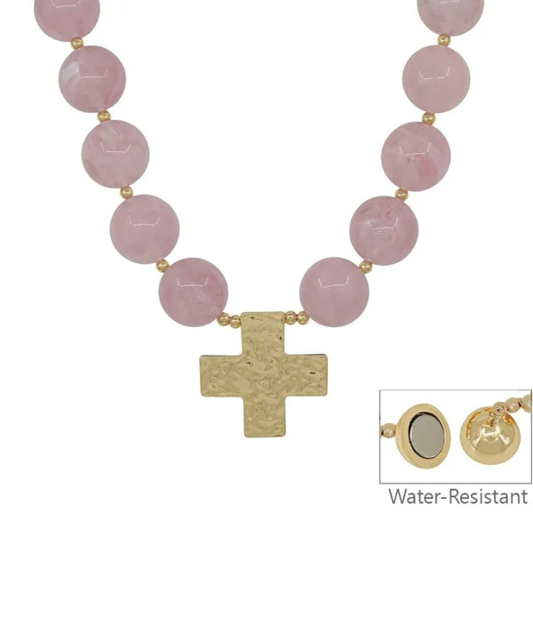 Cross Pendant Marble & CCB Ball Necklace Pink
