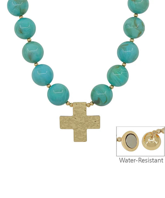 Cross Pendant Marble & CCB Ball Necklace Turquoise