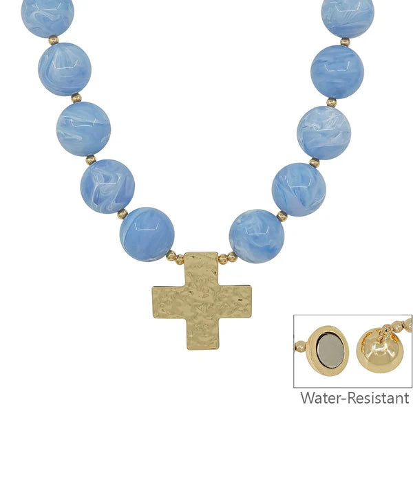 Cross Pendant Marble & CCB Ball Necklace Blue