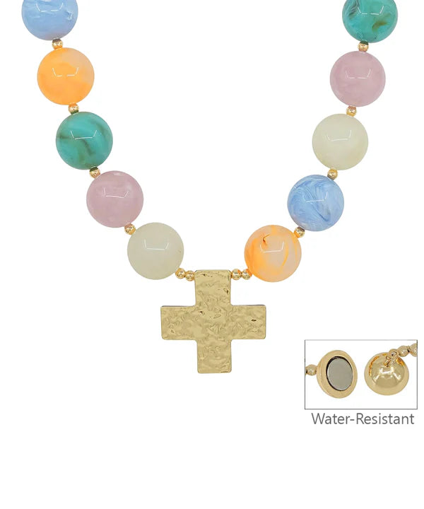 Cross Pendant Marble & CCB Ball Necklace Multi