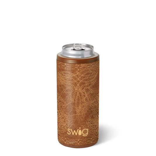 Saddle Stitch Cognac Skinny Can Cooler 12oz