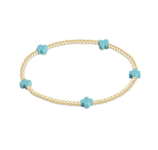 SIGNATURE CROSS SMALL GOLD PATTERN 2MM BEAD BRACELET - TURQUOISE