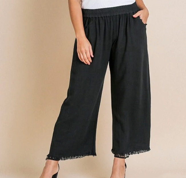 Wide Leg Linen Pants with Frayed Hem in Black Plus