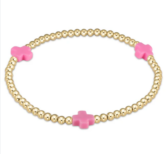 SIGNATURE CROSS GOLD PATTERN 3MM BEAD BRACELET - BRIGHT PINK