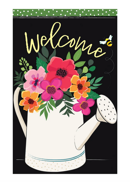 Watering Can Welcome Burlap Garden Flag