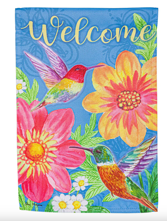 Colorful Hummingbird and Flowers Suede Garden Flag
