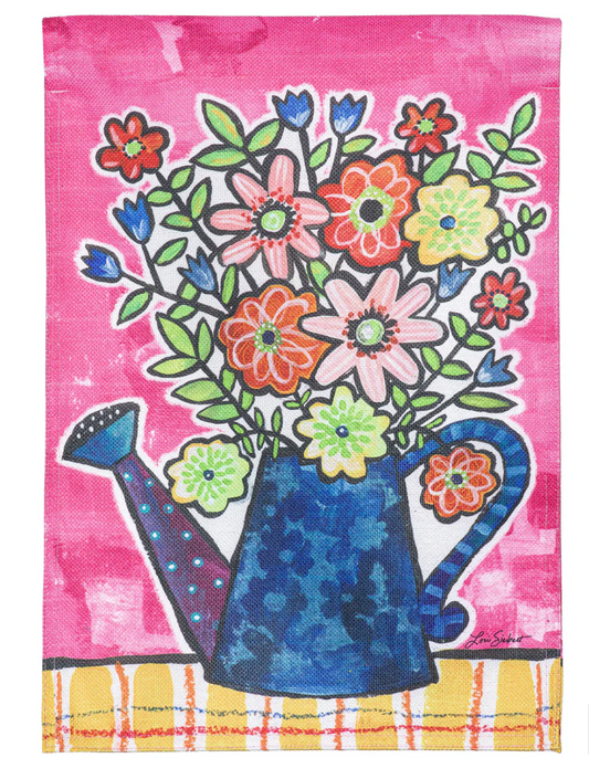 Summer Flowers Watering Can Burlap Garden Flag