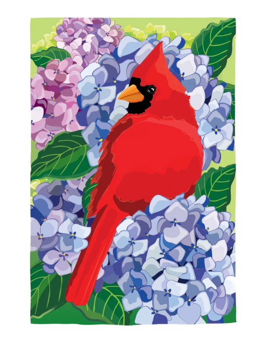 Red Cardinal and Hydrangeas Applique Garden Flag