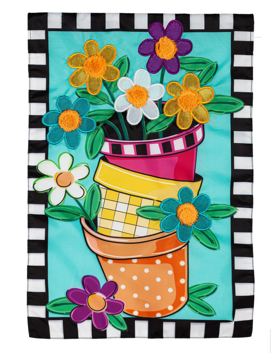 Stacked Spring Flower Pots Garden Applique Flag
