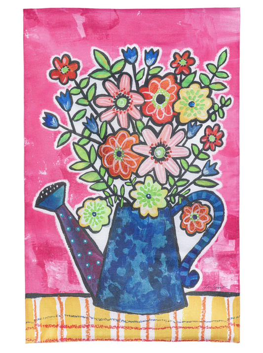 Summer Flowers Watering Can Burlap House Flag