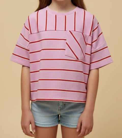 Girls Mixed Stripe Pocket Knit T Shirt