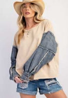 Denim Sleeves Terry Knit Pull Over