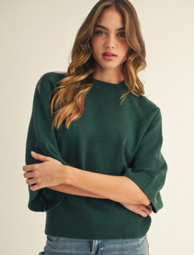 Sweater Top with Wide Sleeves & Drop Shoulder in Hunter Green