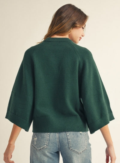 Sweater Top with Wide Sleeves & Drop Shoulder in Hunter Green
