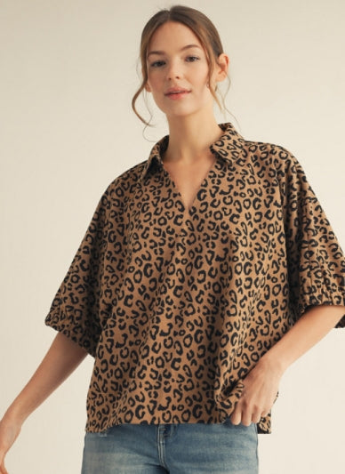 Leopard Top with Collar & Drop Shoulders