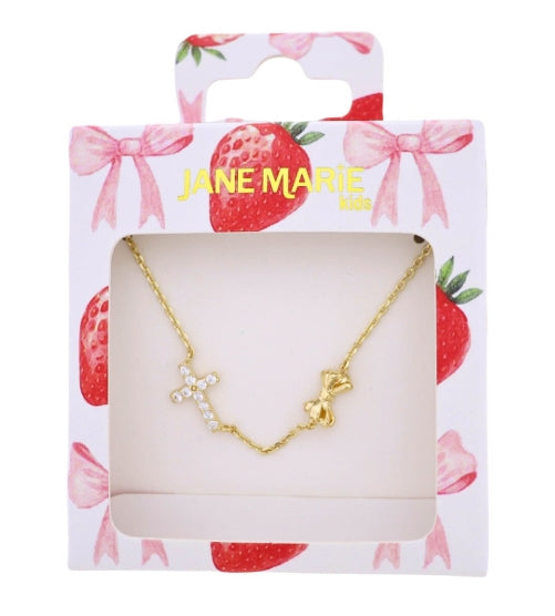 Kids Gold Necklace with Clear Crystal Cross & Bow