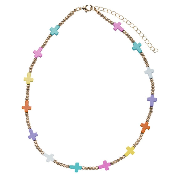 Kids Gold Beaded Multi Color Cross Charm Necklace
