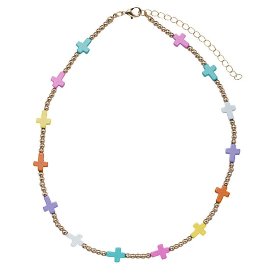 Kids Gold Beaded Multi Color Cross Charm Necklace