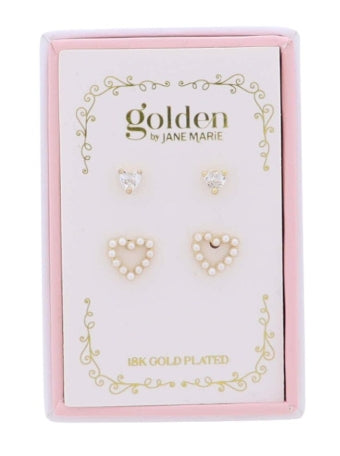 Kids 18K Gold Plated Set of 2 Heart & Pearl Heart Stud Earring