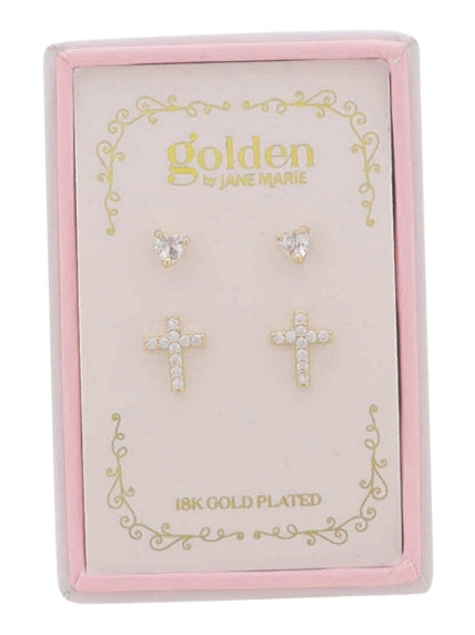 Kids 18K Gold Plated Set of 2 Heart & Clear Crystal Cross Stud Earring