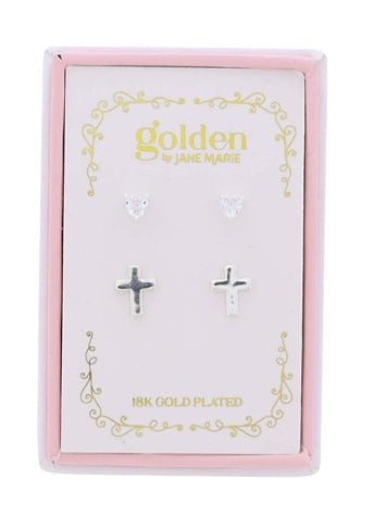 Kids 18K Gold Plated Set of 2 Heart & Silver Cross Stud Earring