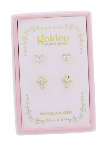 Kids 18K Gold Plated Set of 2 Heart & Clear Crystal Gem Cross Stud Earring