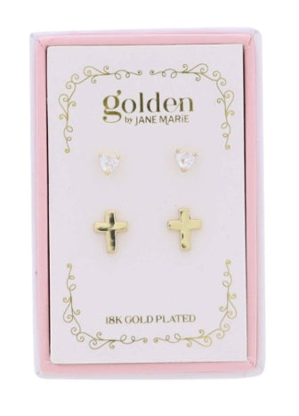 Kids 18K Gold Plated Set of 2 Heart & Cross Stud Earring