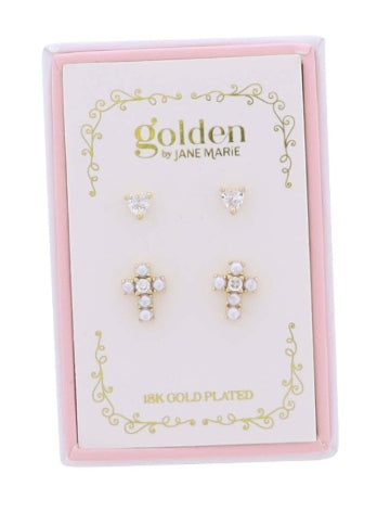 Kids 18K Gold Plated Set of 2 Heart & Pearl Cross Stud Earring