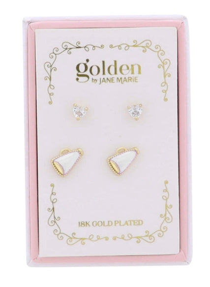 Kids 18K Gold Plated Set of 2 Heart & White Megaphone Stud Earring