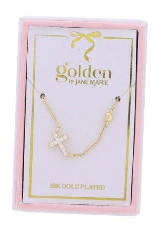Kids 18K Gold Plated Necklace with Clear Crystal Sideways Cross