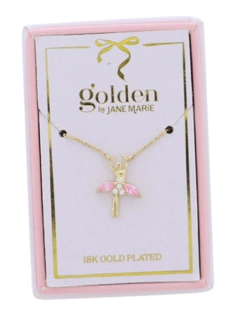 Kids 18K Gold Plated Necklace with Gold Pink Crystal Ballerina