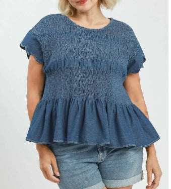 Chambray Smocked Peplum Top