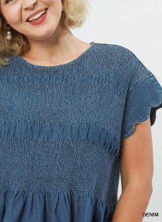 Chambray Smocked Peplum Top