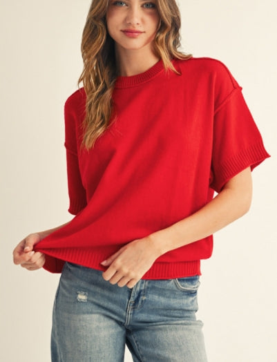 Short Sleeve Sweater Top Red